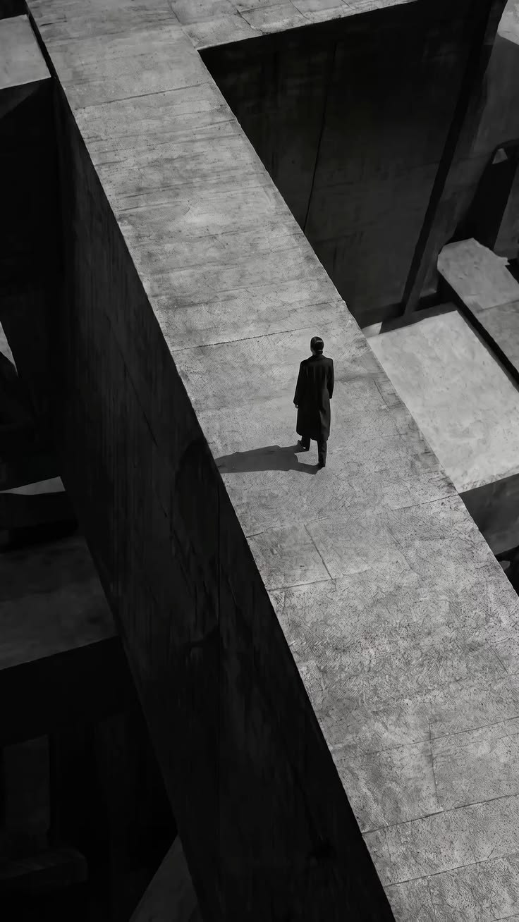 Elevated concrete walkway between raw volumes, a figure in a long coat crossing alone
